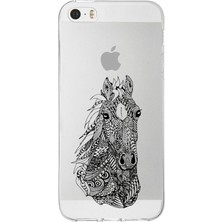 Printify Apple iPhone 5s Uyumlu Kapak Mandala At (Siyah) Tasarımlı Şeffaf Silikon Kılıf