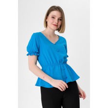 Kadın Beli Kolu Lastik Detaylı V Yaka Kısakol Bluz