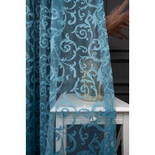 Taç Şal Desen Kullanıma Hazır 1/3 Sık Pile Tül Perde Tek Kanat - Turkuaz 100 x 200 cm