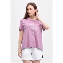 defy's Kadın Baskılı Kısa Kollu Arka Oval Bisiklet Yaka Tişört Mor - Xxl