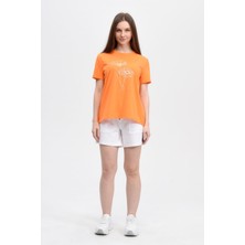 defy's Kadın Baskılı Kısa Kollu Arka Oval Bisiklet Yaka Tişört Oranj