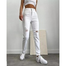 ModaFia Beyaz Likra Mom Jeans