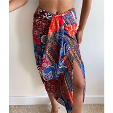 My Model Kare Desenli Yırtmaçlı Emprime Midi Şal Etek