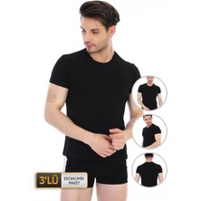 Çift Kaplan Erkek Elastanlı Siyah T-Shirt 0954 3'lü Ekonomik Paket