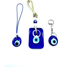 Helis Nazar Boncuğu Dikdörtgen Duvar Dekoru +Anahtarlık+ Araba Dikiz Ayna Süsü El Yapımı Cam Üçlü Set