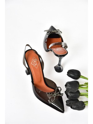 Fox Shoes P931761923 Siyah Şeffaf Ince Topuklu Kadın Ayakkabı