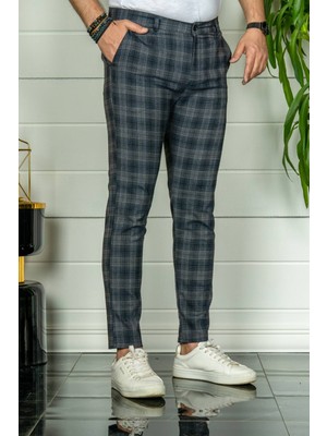 Modamesto Erkek Lacivert Slim Fit Ekoseli Kumaş Pantolon