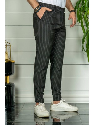 Modamesto Erkek Siyah Slim Fit Çizgili Kumaş Pantolon