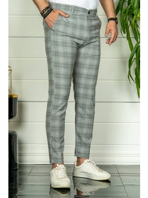 Modamesto Erkek Gri Slim Fit Ekoseli Kumaş Pantolon
