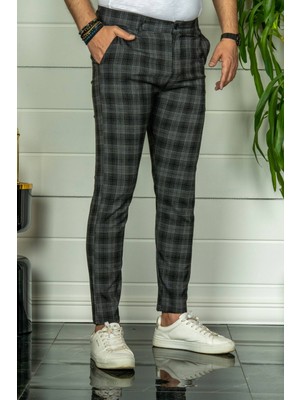 Modamesto Erkek Siyah Slim Fit Ekoseli Kumaş Pantolon