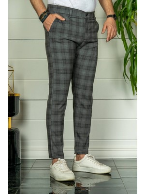 Modamesto Erkek Füme Slim Fit Ekoseli Kumaş Pantolon
