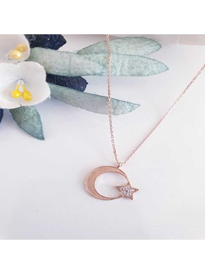 925 Gümüş Gümüş Rose Ay Yıldız Kadın Kolye