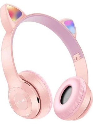 P47M Bluetooth 5.0 LED Işıklı Kedi Tasarımlı Katlanabilir Kulak Üstü Kulaklık Pembe
