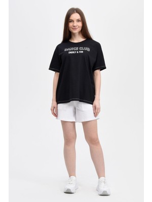 defy's Kadın Baskılı Kısa Kollu Bisiklet Yaka Oversıze Oversıze Tişört Siyah
