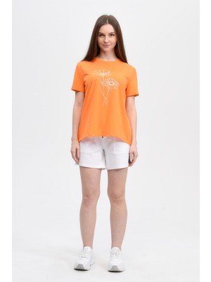 defy's Kadın Baskılı Kısa Kollu Arka Oval Bisiklet Yaka Tişört Oranj