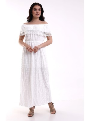 Emjey Beyaz Madonna Yaka Uzun Güpürlü Elbise