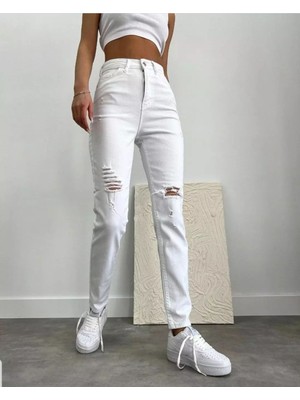 ModaFia Beyaz Likra Mom Jeans