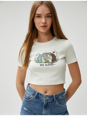 Koton Crop Tişört Baskılı Fitilli Bisiklet Yaka Kısa Kollu