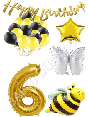 Bal10 Dünyası Happy Bırthday Banner ve Arı Kelebek Karakterli Yıldız Folyo Balon Seti Yaş 6