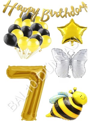 Bal10 Dünyası Happy Bırthday Banner ve Arı Kelebek Karakterli Yıldız Folyo Balon Seti Yaş 7