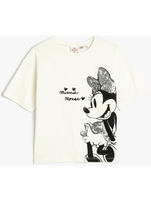 Koton Minnie Mouse Tişört Lisanslı Kısa Kollu Bisiklet Yaka Pul-Payet Işlemeli