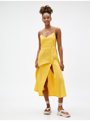 Koton Midi Elbise Ince Askılı Yırtmaçlı Önü Düğmeli Keten Karışımlı