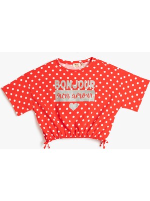Koton Crop Oversize Tişört Kısa Kollu Bisiklet Yaka Puantiyeli Pamuklu