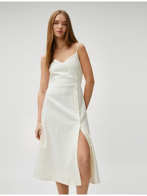 Koton Midi Elbise Ince Askılı Yırtmaçlı Önü Düğmeli Keten Karışımlı