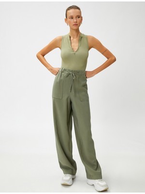 Koton Ipeksi Dokulu Rahat Pantolon Beli Bağlamalı Cepli