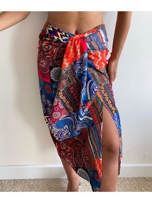 My Model Kare Desenli Yırtmaçlı Emprime Midi Şal Etek