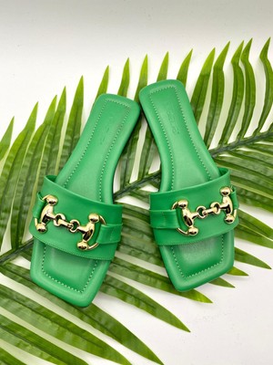 Punto Gold Tokalı Düz Taban Yeşil Terlik