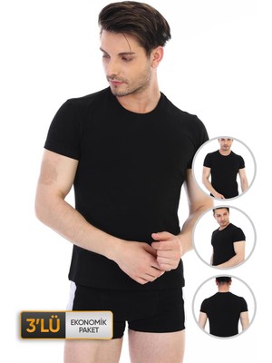 Çift Kaplan Erkek Elastanlı Siyah T-Shirt 0954 3'lü Ekonomik Paket
