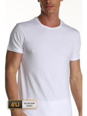 Çift Kaplan Erkek Elastanlı Beyaz T-Shirt 0954 6'lı Ekonomik Paket
