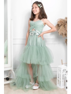 Modaviki Taş Detaylı Tül Abiye Çağla Yeşili MDV316