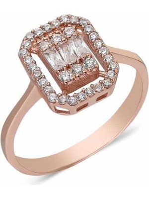 Bigakan Kadın Gümüş Yüzük Rose Gold Baget Taşlı Gümüş Yüzük