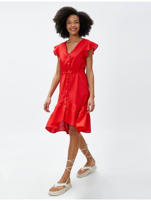 Koton V Yaka Elbise Keten Karışımlı Fırfırlı Düğmeli Beli Bağcıklı