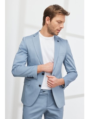 ALTINYILDIZ CLASSICS Erkek Mavi Ekstra Slim Fit Dar Kesim Mono Yaka Diyagonal Desenli Pamuklu Conte Takım Elbise