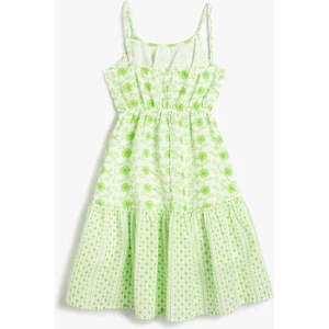 Elbise Çiçekli İnce Askılı Astarlı Fırfırlı Beli Büzgülü