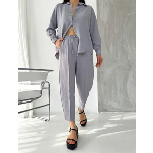 Kadın Ayrobin Kumaş Gömlek-Pantolon Takım Gri