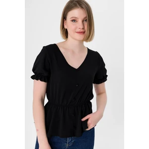 Kadın Beli Kolu Lastik Detaylı V Yaka Kısakol Bluz