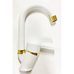 Beyaz Gold Banyo Lavabo Musluğu Bataryası Çift Su Girişli
