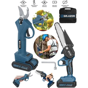 Alman 2 Li Set 128 Vf 10 Ah Çift Akülü Çelik Şanzuman Şarjlı Dal Ağaç Kesme Bağ Budama Makası
