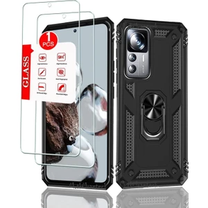 M.TK Moveteck Xiaomi Mi 12T ve Mi 12T Pro Uyumlu Kılıf + 9h Ekran Koruyucu Cam Set Kamera Çıkıntılı Korumalı Yüzüklü Standlı Tank