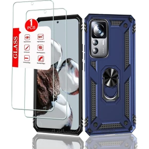 M.TK Moveteck Xiaomi Mi 12T ve Mi 12T Pro Uyumlu Kılıf + 9h Ekran Koruyucu Cam Set Kamera Çıkıntılı Korumalı Yüzüklü Standlı Tank
