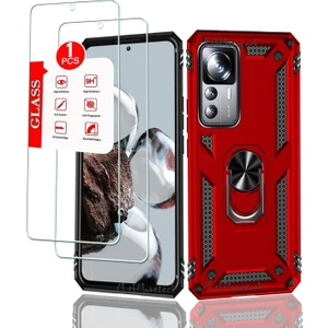 M.TK Moveteck Xiaomi Mi 12T ve Mi 12T Pro Uyumlu Kılıf + 9h Ekran Koruyucu Cam Set Kamera Çıkıntılı Korumalı Yüzüklü Standlı Tank