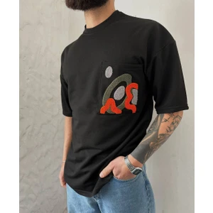 Unisex Önü Cepli Süzene Nakışlı Oversize Siyah Renk Tişört
