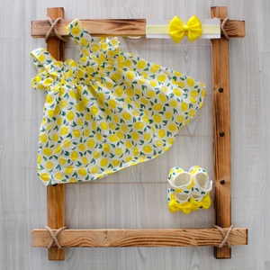 Defneli Bebe Kız Bebek Limon Baskılı Elbise Fiyonklu Bandana ve Ayakkabı 3'lü Takım