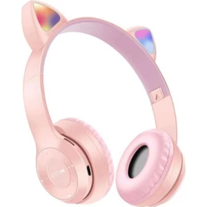 P47M Bluetooth 5.0 LED Işıklı Kedi Tasarımlı Katlanabilir Kulak Üstü Kulaklık Pembe