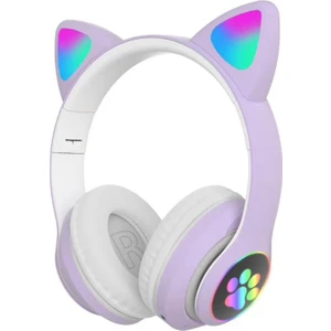 Sevimli Kedi Kulaklı LED Işıklı Kablosuz Kulaküstü Bluetooth Kulaklık Stn-28 Lila
