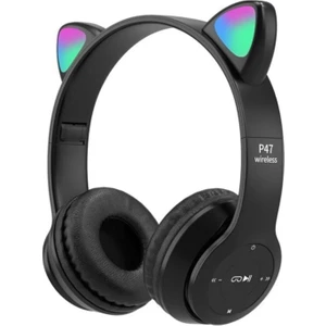 P47M Bluetooth 5.0 LED Işıklı Kedi Tasarımlı Katlanabilir Kulak Üstü Kulaklık Siyah